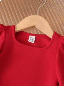 SHEIN Leap Crew 女婴圣诞红色方领泡泡袖上衣，适合圣诞节、郊游、聚会等场合 - 白色 - 查看 3