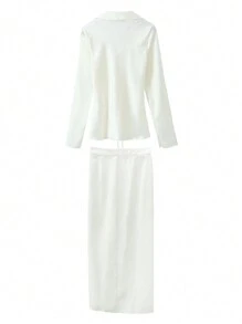 INAWLY 2 pièces Set élégant pour femmes avec chemise à manches longues à nœud devant de couleur unie et jupe midi avec ourlet fendu pour le printemps et l'automne