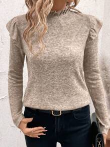 SHEIN Clasi 女士简约纯色荷叶边长袖T恤，休闲日常穿着，秋季女装 - 杏色 - 查看 6