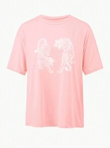 INAWLY Damska luźna, okrągła szyja, opadające ramiona, krótki rękaw, nadruk tygrysa, luźna koszulka, letnie koszulki graficzne, damskie topy