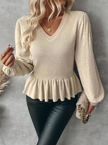 SHEIN Clasi Jersey con mangas de farol, cuello en V, volante en el bajo, unicolor para mujer, otoño/invierno