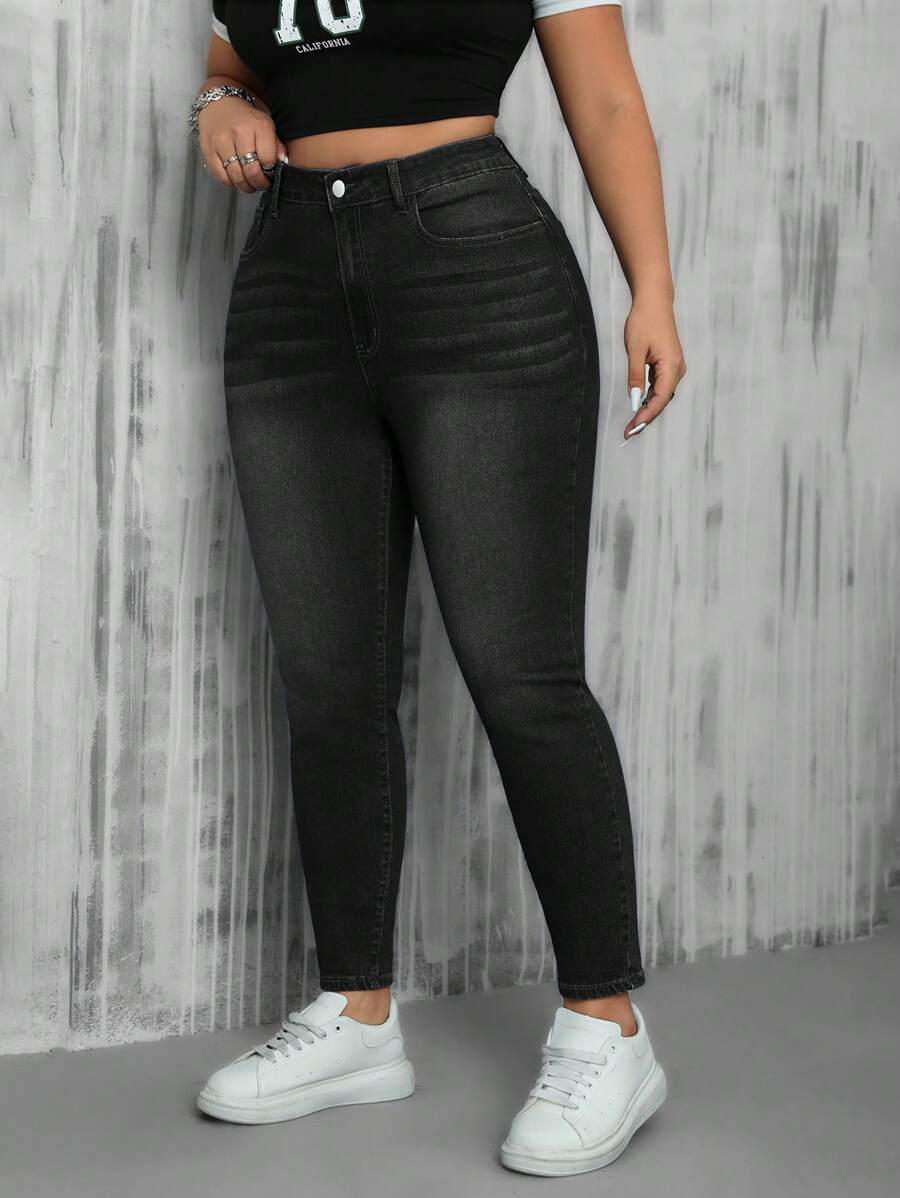 SHEIN ICON Quần Jeans Skinny Túi Lớn Dành Cho Nữ Thường Ngày Phù Hợp Với Mọi Phong Cách - màu đen - Xem 1