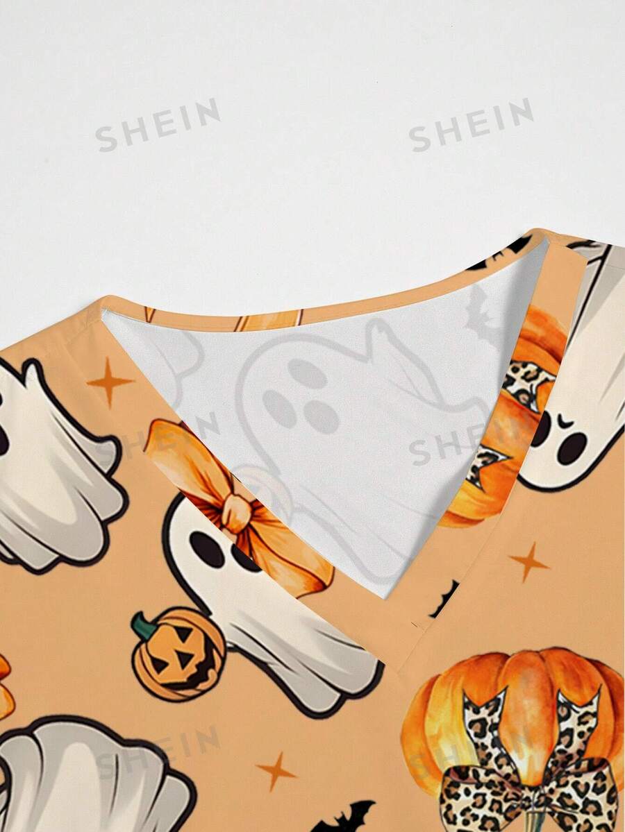 SHEIN TaskFit Halloween Ghost Print Nurse Uniform Set SHEIN EUR
