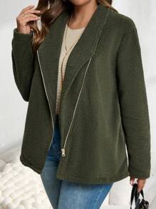 EMERY ROSE 大码秋季曲线感恩节女士毛绒纯色前拉链长袖休闲外套 - 橄欖綠 - 查看 7