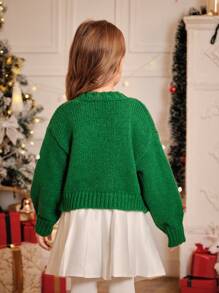 Young Girl And Young Girl Christmas Cardigans, Green, Decorative Snowball & Lantern Sleeves, High Quality, Casual, Elegant, Warm, Suitable For Christmas, Holiday, Family Gathering, New 2024 Knit Sweater, Autumn Winter - Green - View 2