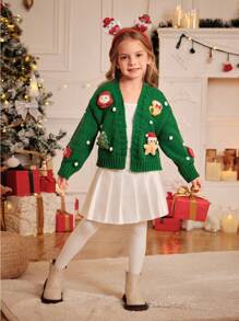 Young Girl And Young Girl Christmas Cardigans, Green, Decorative Snowball & Lantern Sleeves, High Quality, Casual, Elegant, Warm, Suitable For Christmas, Holiday, Family Gathering, New 2024 Knit Sweater, Autumn Winter - Green - View 5