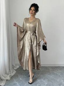 SHEIN Clasi Vestido largo de satén con cuello en V y detalles de brillo dorado elegante para mujer - Dorado - Ver 7