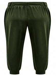 Pantalones de talle alto con cordón, de unicolor, de longitud hasta el tobillo, de estilo casual para primavera, para mujeres de talla grande - Verde militar - Ver 3