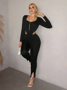 VaVaBold 2pcs Women's Solid Color Sweetheart Collar Zipper Jumpsuit And Leggings Set, Spring And Autumn