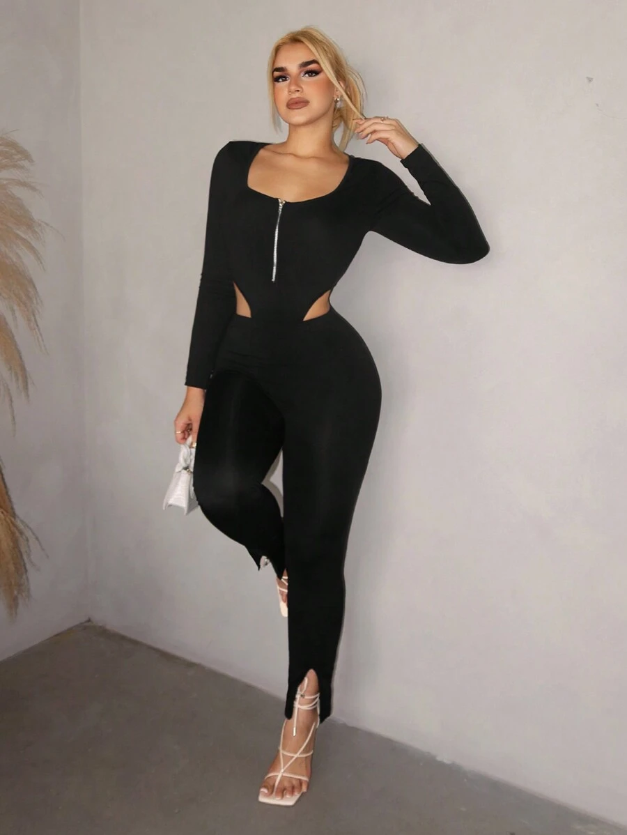 VaVaBold 2pcs Women's Solid Color Sweetheart Collar Zipper Jumpsuit And Leggings Set, Spring And Autumn