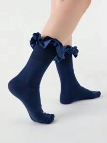 ROMWE Goth Women's Ruffled Trim Crew Socks - Navy Blue - View 3