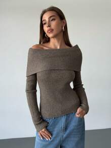 Aloruh Women's Floral Chiffon Collar Fitted Asymmetric Hem Sweater, Autumn/Winter - Khaki - View 5