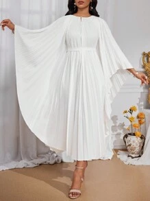 SHEIN Lady Robe longue pour femme élégante pour concert, de couleur unie, avec manches chauve-souris plissées. Tenue de vacances pour femme en automne - Blanc - Voir 4