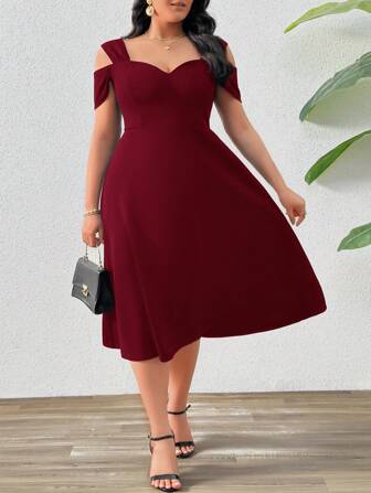 SHEIN Privé Plus Size Women's Romantic Hollow-Out Classic Off-Shoulder Red Umbrella A-Line Dress, Waisted, Suitable For Romantic Dates, Gatherings And Spring Travel