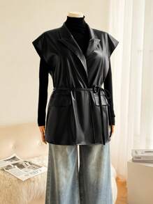 SHEIN Frenchy Plus Size Women's PU Vest Casual Blazer Jacket, New Autumn Minimalist Office Style, For Winter - Black - View 4
