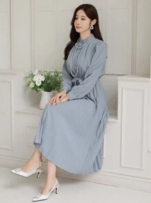 DAZY Solid Color Mid-Length Dress With Pleated Waistband For Women,Fall Clothes Long Sleeve Dress - Blue - View 9