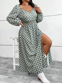 SHEIN VCAY 大码灯笼袖蕾丝拼布度假连衣裙 - 彩色 - 查看 5