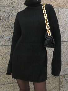 DAZY Váy len ngắn rộng rãi cổ cao cho nữ - màu đen - Xem 4