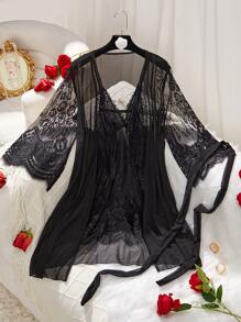 SilkySpell Conjunto De Vestido De Tirantes Y Bata Con Perspectiva De Malla Y Encaje Sexy Para Mujer - Negro - Ver 6