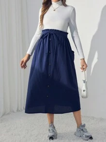 SHEIN 孕妇纸袋腰带前扣裙子 - 寶藍色 - 查看 3