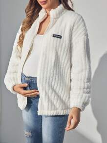 SHEIN Maternity Drop Shoulder Letter Patched Teddy Jacket, Winter - White - View 5