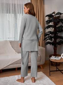 RueChic 3Pcs  Slogan Printed Homewear Set - Light Grey - View 2