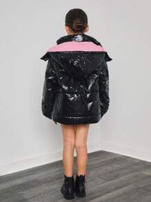 SHEIN Áo khoác đệm bóng màu đen cho bé gái tuổi mới lớn có lớp lót vải màu hồng, 2 túi, thường ngày, thu/đông - màu đen - Xem 2