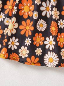 SHEIN Vestido de veludo cotelê com estampa floral laranja (pequeno) para meninas, moda casual quente e confortável, adequado para outono e inverno - Preto - Ver 3