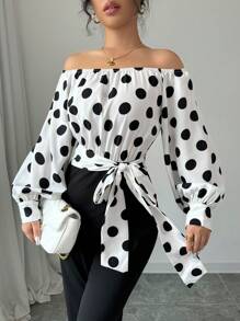 Selianne Women Off-Shoulder Polka Dot Allover Print Long Sleeve Jumpsuit Fall Cloth For Women - Black and White - View 6