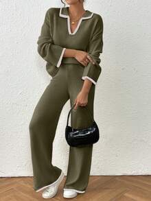Ensemble femme décontracté en tricot avec pull à encolure en V ample avec liens de contraste et pantalon large en tricot ample