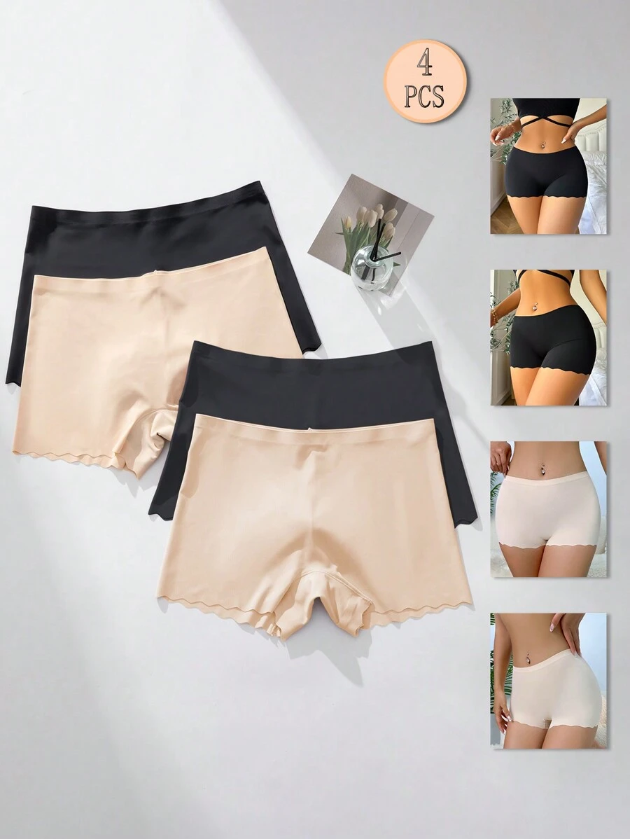 SHEIN 4 Cái/bộ Nữ Màu Trơn Phong Cách Tối Giản Xù Eo Quần Đùi Liền Mạch Thoải Mái - Nhiều màu - Xem 1