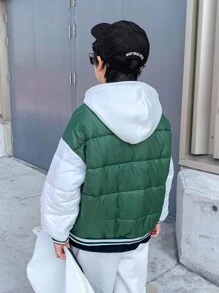 SHEIN Leap Crew Tween 男童休闲韩版厚实保暖撞色袖连帽拉链夹克派克大衣，适合通勤、上学、日常休闲、旅行、运动、春季、夏季、秋季、冬季 - 彩色 - 查看 3