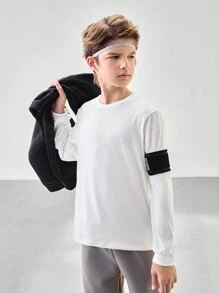 SHEIN 2 件套青少年男孩连帽印花口袋运动舒适自由训练夹克和圆领长袖上衣套装，秋冬季