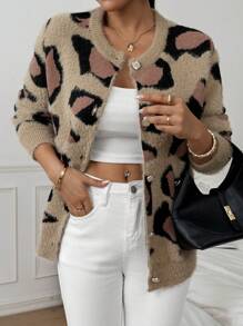 Chiquease Áo Cardigan nữ tay dài rộng rãi họa tiết da báo thu đông - Màu Khaki - Xem 3