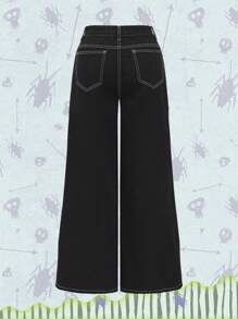 Beetlejuice | ROMWE 女士休闲深色街头时尚卡通字母印花宽腿男友风牛仔裤 - 黑色 - 查看 2