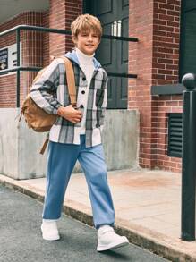 SHEIN 2 件装 Tween 男童格子印花纽扣前连帽羊毛衬衫和纯色运动裤套装 - 藍色 - 查看 1
