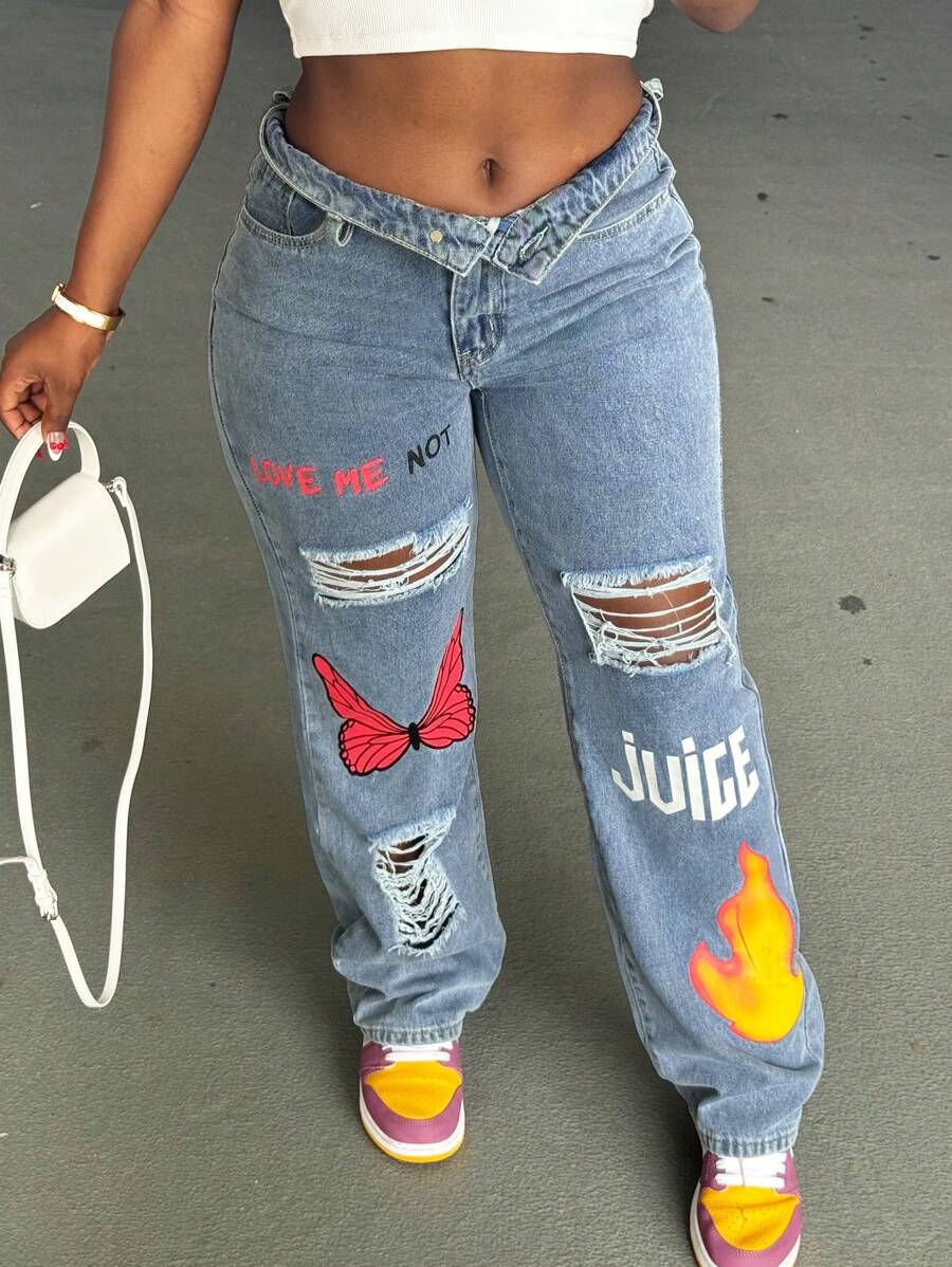 Young Fashionable American Street Style Multiple Logo Print Jeans - Medium Wash - View 1