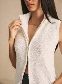 Poéselle Chaleco de punto con cierre de cremallera de unicolor para mujer, para otoño e invierno FW24 - Gris Claro - Ver 2