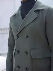 Manfinity CasualCool 男士双排扣纯色羊毛混纺大衣，男士风衣，男士大衣，秋冬男士服装，冬季男士大衣 - 墨綠色 - 查看 6