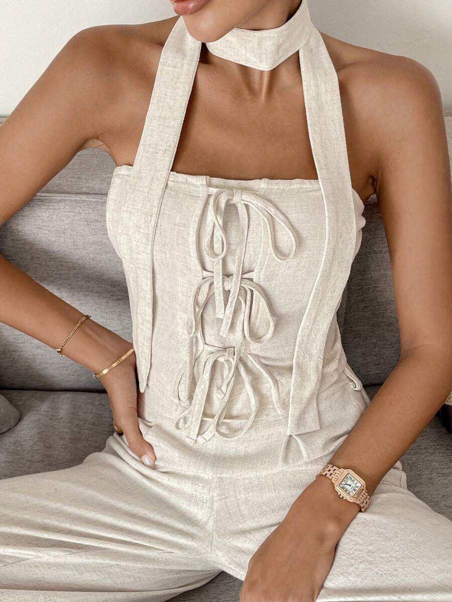 SHEIN Frenchy Áo crop top không tay buộc dây phía trước màu trơn mùa hè cho nữ - Màu be - Xem 1