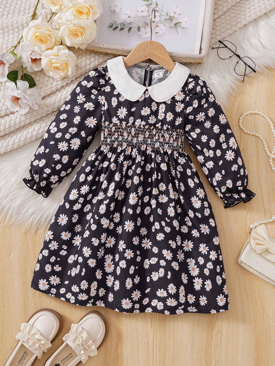Young Girl' Cute Floral Print Ruffle Collar Lantern Sleeve Dress, Spring/Fall - Black - View 1
