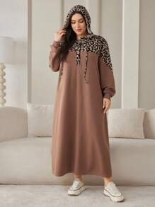 Lacomfia Vestido largo de manga larga con capucha y cordón de ajuste con estampado de leopardo, estilo modesto árabe, para mujer talla grande, para primavera/otoño