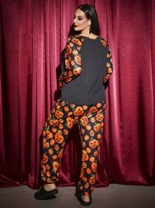 SHEIN SXY Комплект із 2 предметів одягу на Хелловін для жінок великих розмірів, топ і штани з V-подібним вирізом, рукавами реглан і принтом гарбузів та кажанів - Помаранчевий - Переглянути 9
