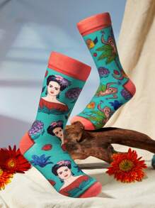 Frida Kahlo X SHEIN Flower Asymmetric Print Crew Socks, GIFTS - Multicolor - View 3