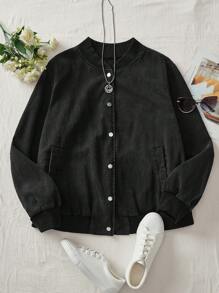 SHEIN EZwear Plus Size Solid Color Front Button Long Sleeve Simple Jacket, Casual Daily Wear - Black - View 1