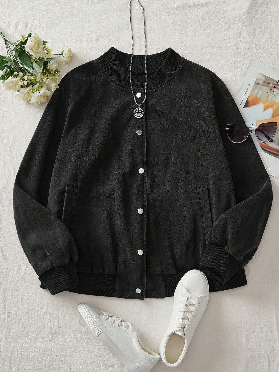 SHEIN EZwear Plus Size Solid Color Front Button Long Sleeve Simple Jacket, Casual Daily Wear - Black - View 1