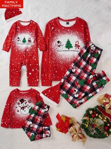 SHEIN Baby Girls Cute Snowball Graphic Fleece Jumpsuit With Hat 2pcs Homewear Pajama Set, Christmas Red - Red - View 1