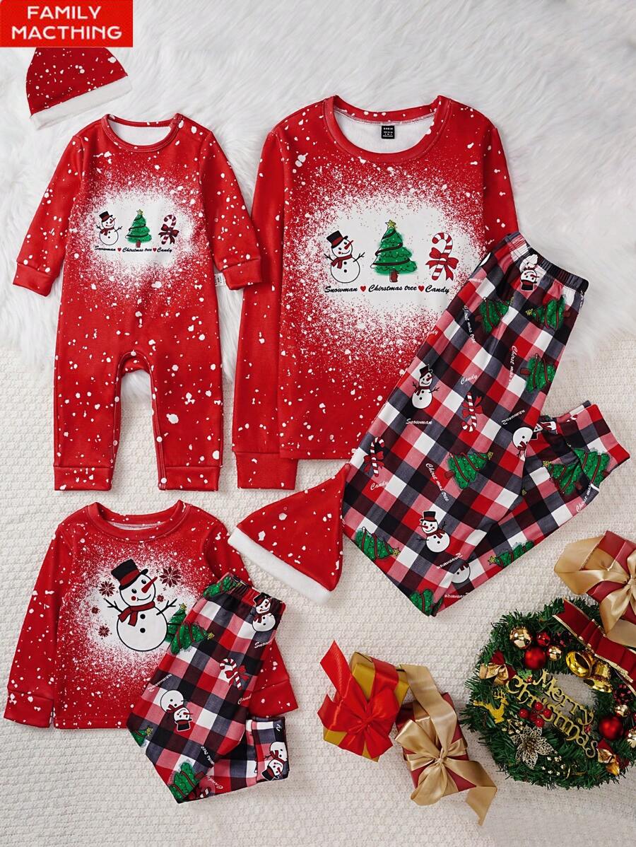 SHEIN Baby Girls Cute Snowball Graphic Fleece Jumpsuit With Hat 2pcs Homewear Pajama Set, Christmas Red - Red - View 1