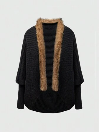 Grunge Punk Vintage Y2K Boxy Cardigan With Fluffy Collar & Batwing Sleeves For Women