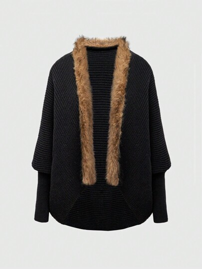 Grunge Punk Vintage Y2K Boxy Cardigan With Fluffy Collar & Batwing Sleeves For Women